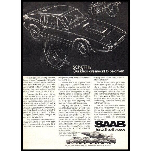 1970 Saab Sonnett III Sports Car Coupe Vintage Print Ad Fastback Wall Art Photo - Picture 1 of 1